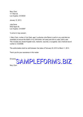 Sample Health Authorization Letter
